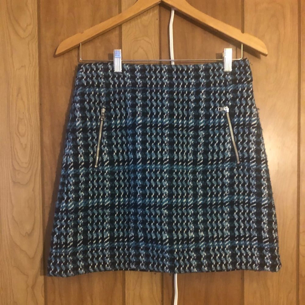LOFT Blue Black Tweed Mini Skirt with Zip Pockets